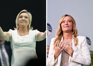 Un montage de Marine Le Pen et Giorgia Meloni lors de meetings politiques.