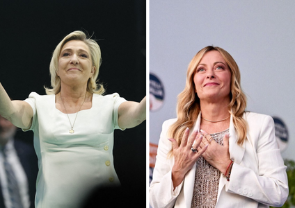 Un montage de Marine Le Pen et Giorgia Meloni lors de meetings politiques.