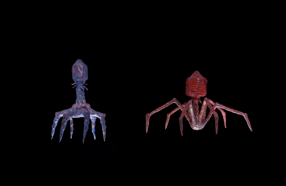 Un modèle de bactériophage, des virus qui se multiplient à l'intérieur des bactéries et provoquent leur mort. Dans certains cas, ils sont utilisés dans la lutte contre les bactéries à la place des antibiotiques.