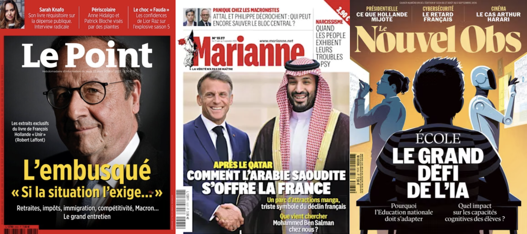 Le Point décrypte les (non) campagnes de François Hollande & Sarah Knafo; Dragon Ball & Choose France enterrent la souveraineté industrielle; Bolloré voudrait bien larguer Zemmour; L'école française résiste à l'IA; La dette américaine explose