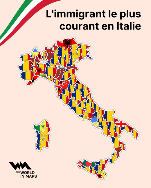 Carte présentant les groupes d'immigrants les plus fréquents en Italie, par province.