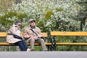 Un couple de personnes âgées est assis sur un banc dans un parc municipal de la ville de Vienne.