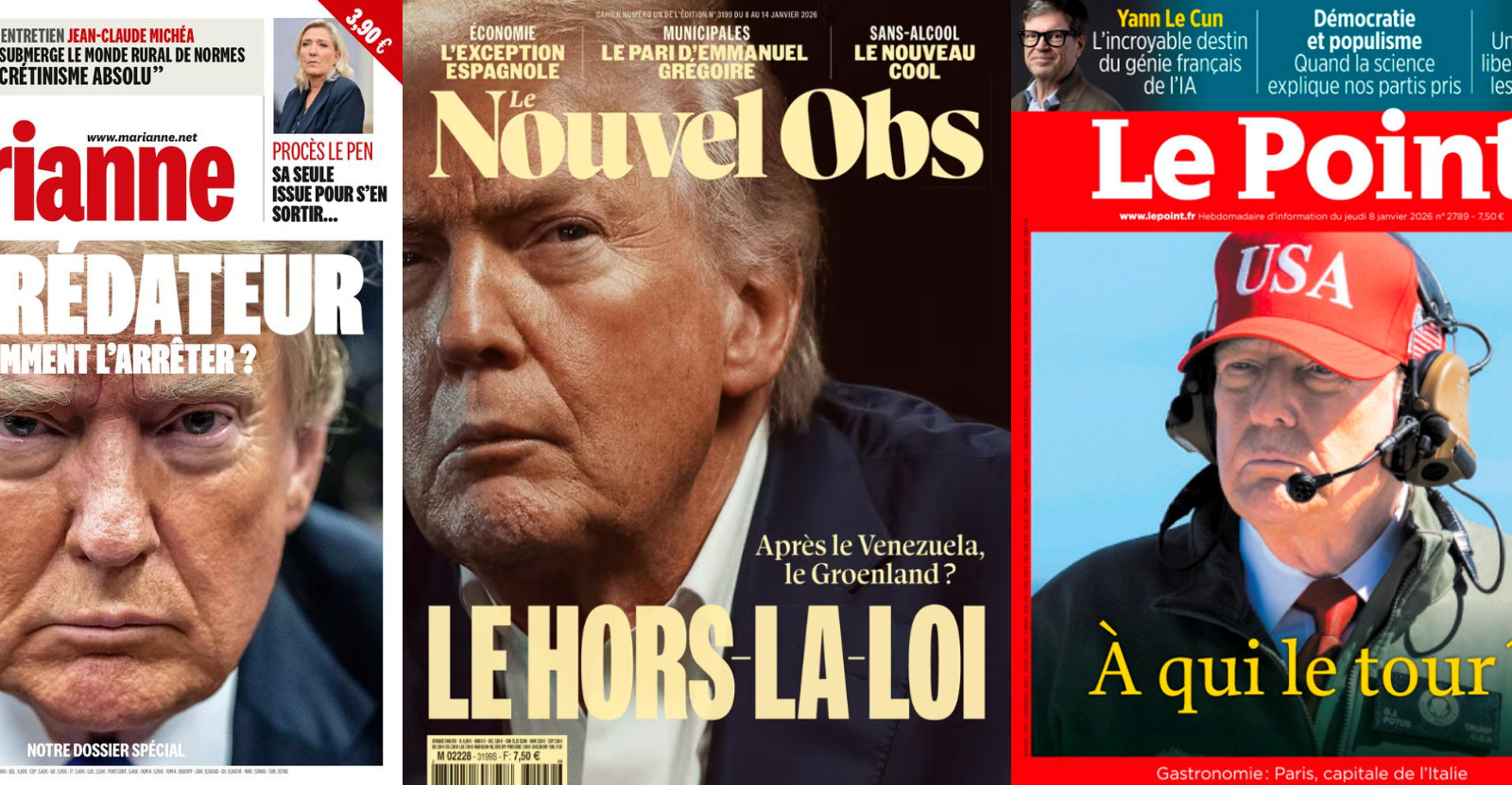 Trump affole les hebdos… et le RN; Marianne voit Marine Le Pen en deuil de la présidentielle, L’Express Lecornu plus proche de Macron que jamais, Le Nouvel Obs Dati & Chikirou en convergence des brutes; Hollande assassine son successeur