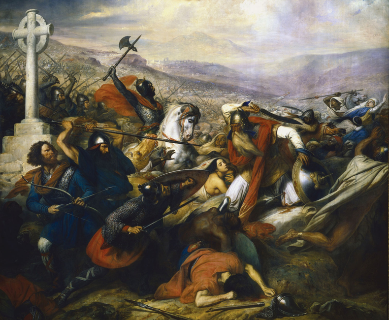 Charles Martel à la bataille de Poitiers, en octobre 732, représentation par Charles de Steuben (1837), Galerie des Batailles, musée d'histoire de France, château de Versailles.