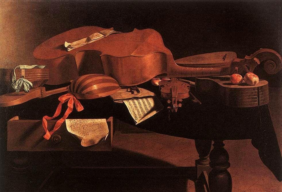 Instruments de musique baroque sur une table par Baschenis (Collection : Musées royaux des beaux-arts de Belgique)
