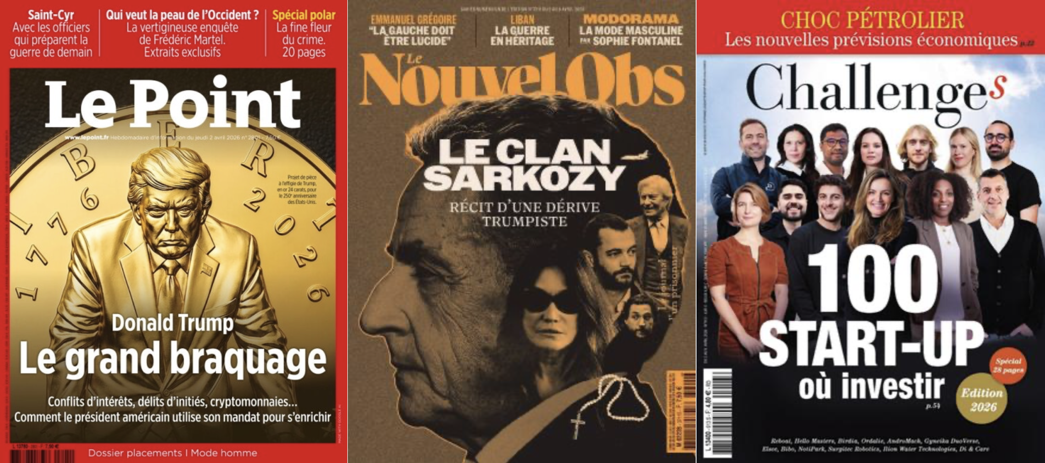Le Point voit Trump en gangster, Le Nouvel Obs Sarkozy pencher vers Bardella; Challenges veut réhabiliter Macron; Marianne prédit la chute des villes LFI aux mains des narcotrafiquants; Michel-Edouard Leclerc coache Dominique de Villepin