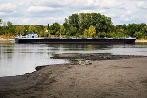 Un navire longe le lit partiellement asséché du Rhin, à hauteur du parc énergétique et chimique Shell Rheinland-Nord, à Godorf, près de Cologne, dans l’ouest de l’Allemagne, le 7 août 2026, après une période de chaleur exceptionnelle. La production industrielle et les exportations allemandes ont légèrement progressé en juin, a indiqué vendredi l’Office fédéral de la statistique, mais les analystes mettent en garde contre les risques liés à l’assèchement des cours d’eau et à la guerre au Moyen-Orient. (Image d'illustration)