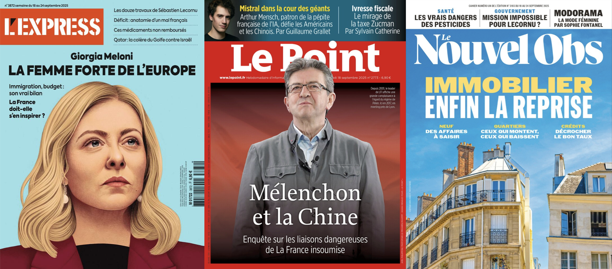Le Point voit Mélenchon en agent chinois, l'Express Meloni en nouvelle Merkel; La gauche américaine est aussi confuse que Biden; Les syndicats à l'assaut d'un Lecornu macronien mais pas macroniste; Thierry Solère, bête noire des LR