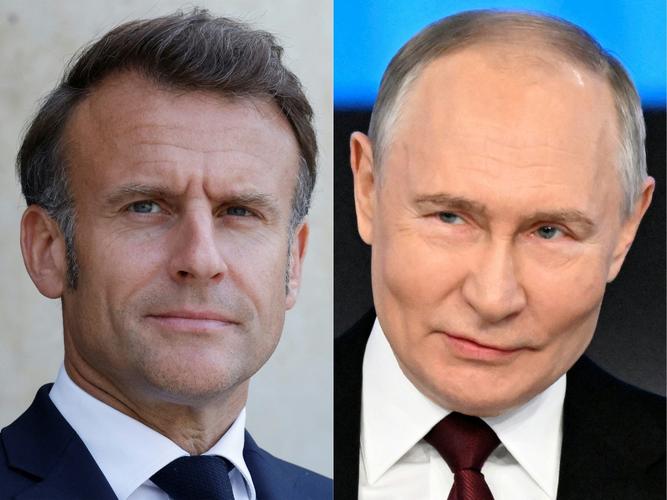 Un montage des portraits de Vladimir Poutine et d'Emmanuel Macron (image d'illustration).
