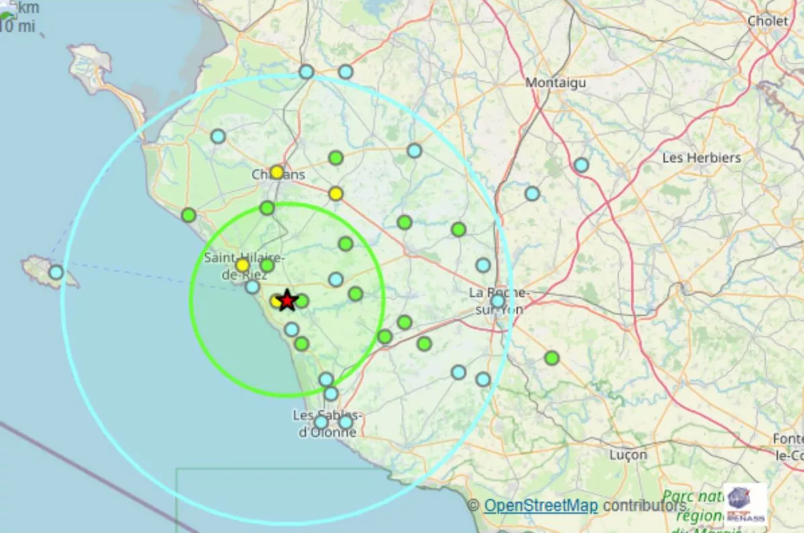 Selon le bureau central sismologique français, l’épicentre de ce séisme de magnitude 3,6 a été localisé au nord des Sables-d’Olonne, entre les communes de Givrand et de L’Aiguillon sur Vie.