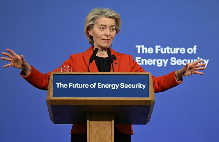 La présidente de la Commission européenne, Ursula von der Leyen, prononce un discours lors du Sommet sur l'avenir de la sécurité énergétique, organisé par l'Agence internationale de l'énergie et le gouvernement britannique à Lancaster House, à Londres, le 24 avril 2025. (Image d'illustration)