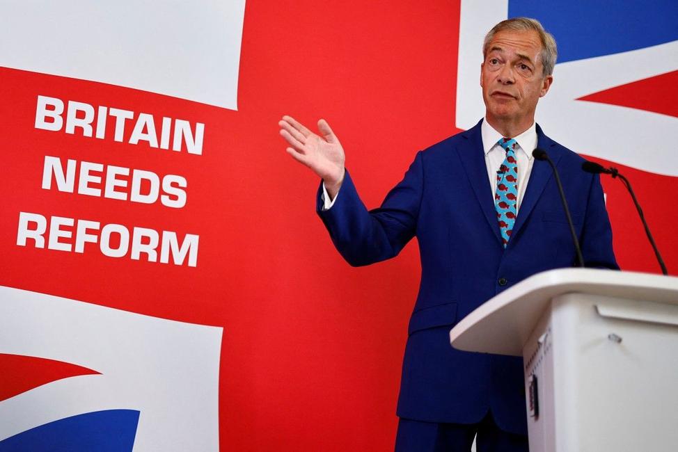 Le chef de la réforme britannique Nigel Farage s'exprime lors du lancement de la politique économique du parti à Londres le 10 juin 2024, avant les élections générales britanniques du 4 juillet.