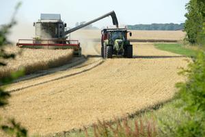 Un agriculteur français récolte de l'orge, près d'Illiers-Combray, dans le centre de la France.