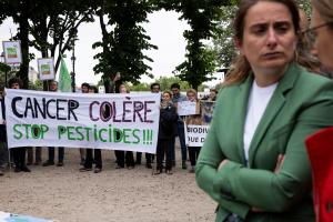 Marine Tondelier, présidente du parti Les Écologistes, se tient devant une banderole sur laquelle on peut lire « Cancer, colère, stop aux pesticides ! » lors d'une mobilisation citoyenne organisée par le collectif Nourrir devant l'Assemblée nationale, place des Invalides, à Paris, le 27 mai 2025, au lendemain du vote par les députés d'une motion de rejet du projet de loi Duplond.