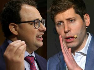 Ce montage photo montre Dario Amodei, PDG d'Anthropic, et Sam Altman, PDG d'OpenAI.